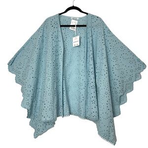 Boho Sky Blue Embroidered Paisley Eyelet Swim Cover Up Poncho Shawl Feminine